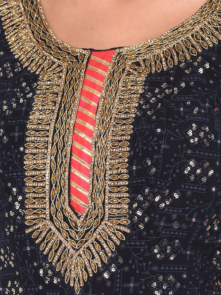 Neerus Navy Blue Color Georgette Fabric Gown