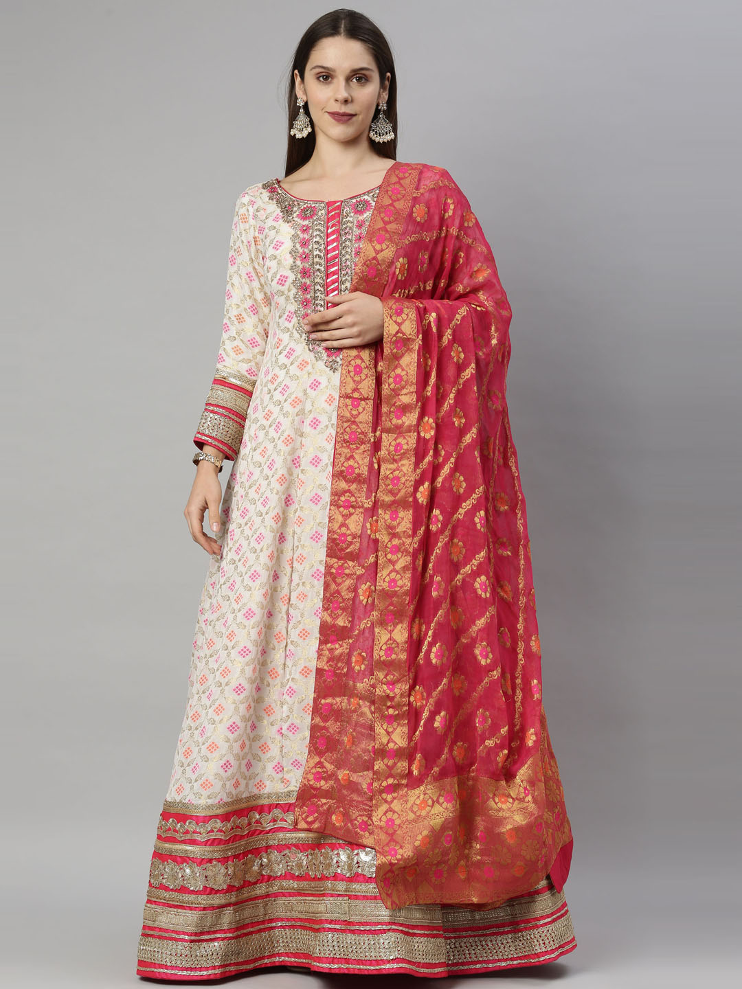 Neerus White Banarasi woven anarkali suit set - front view