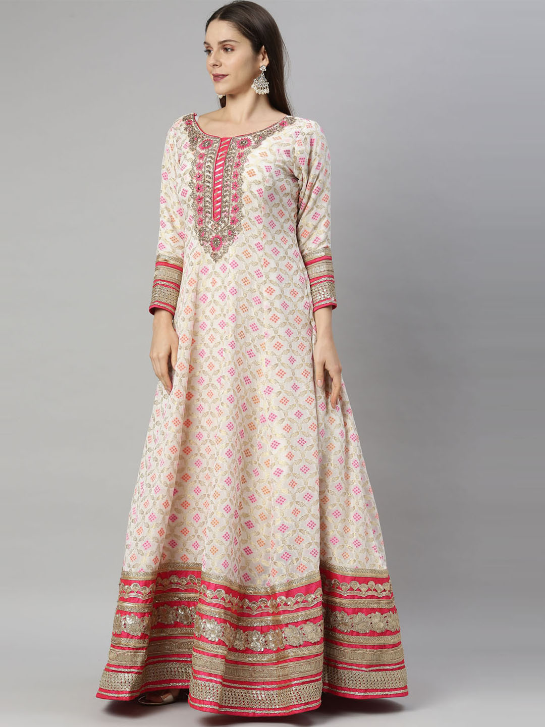 Neeru's Off White Color Banaras Fabric Suit-Anarkali
