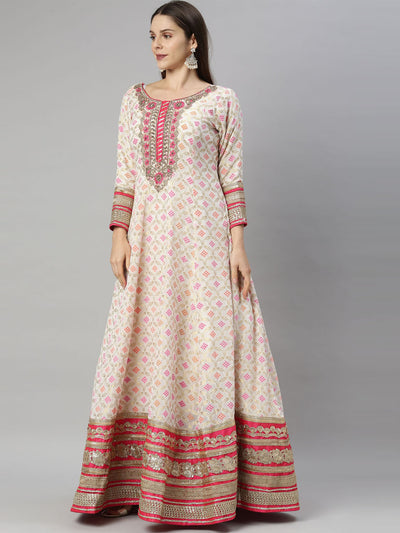 Neeru's Off White Color Banaras Fabric Suit-Anarkali