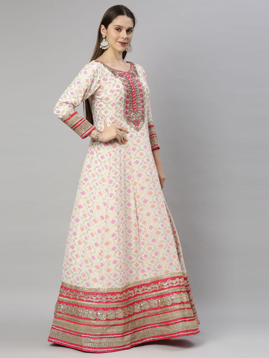 Neerus White Banarasi woven anarkali suit set - detail view 3