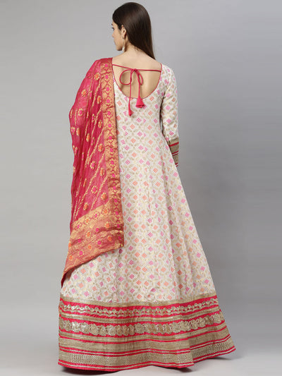 Neeru's Off White Color Banaras Fabric Suit-Anarkali