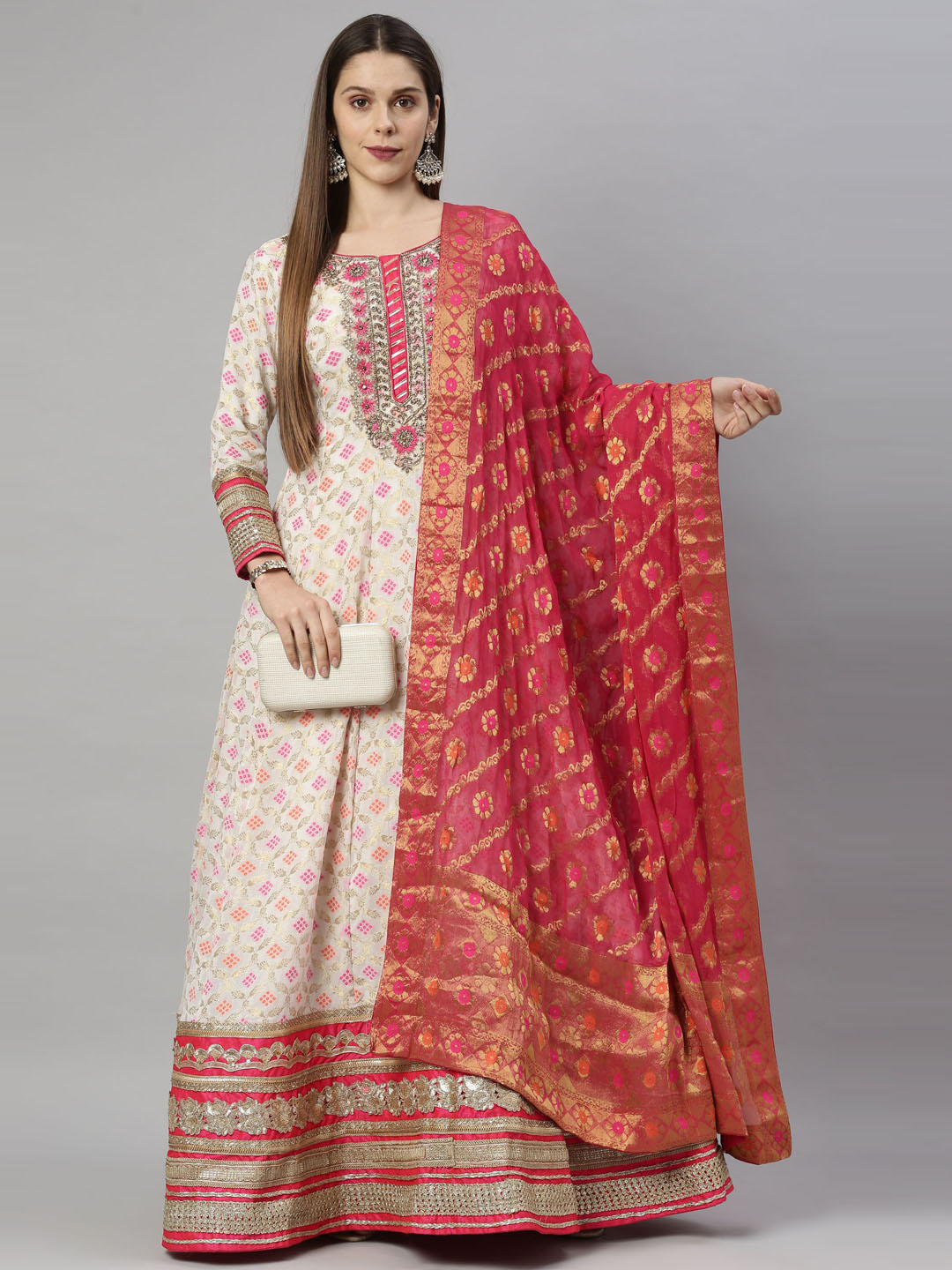Neeru's Off White Color Banaras Fabric Suit-Anarkali