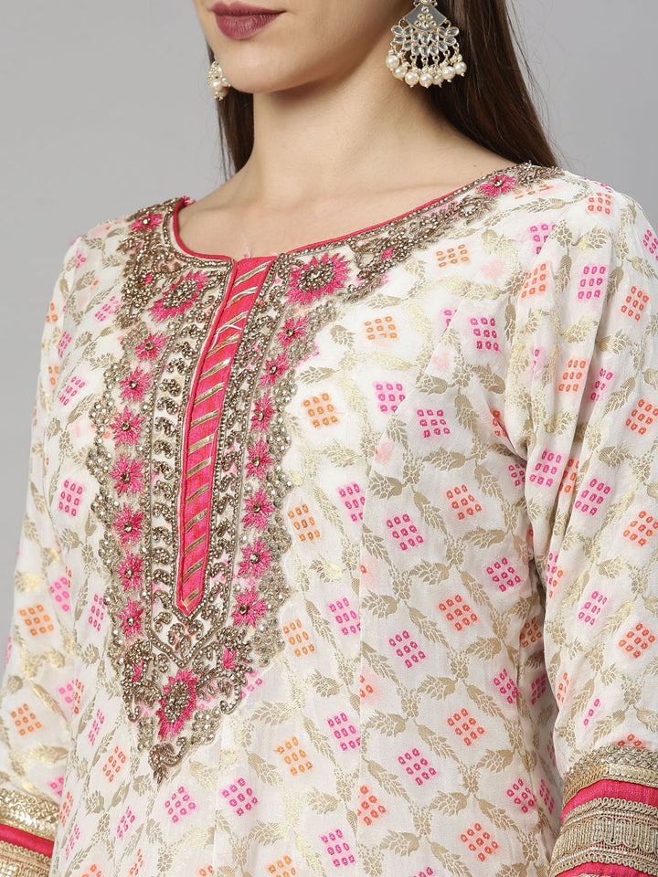 Neerus White Banarasi woven anarkali suit set - detail view 7