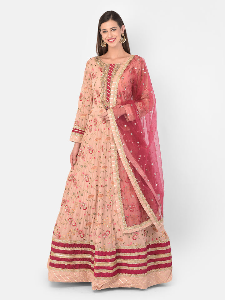 Neerus Beige Color Georgette Fabric Gown