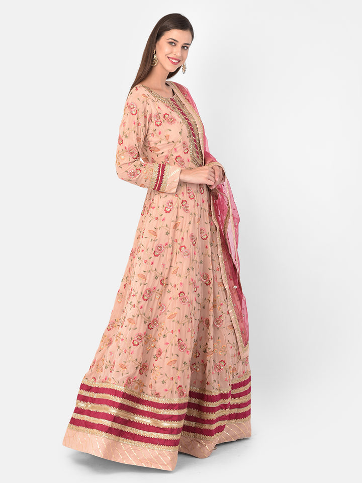 Neerus Beige Color Georgette Fabric Gown