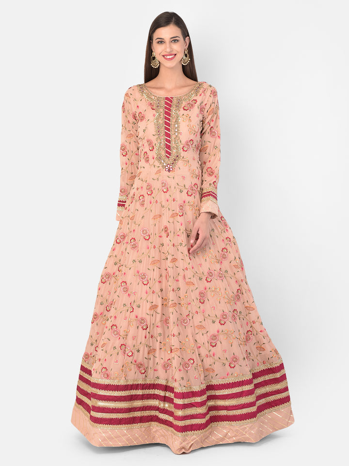 Neerus Beige Color Georgette Fabric Gown