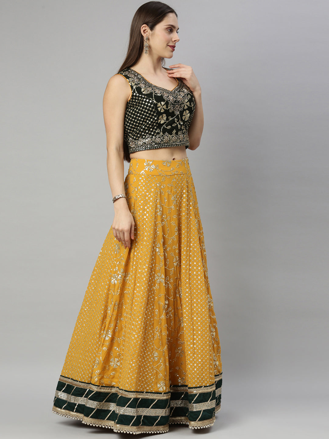 Neerus Yellow georgette embellished lehenga set - detail view 5