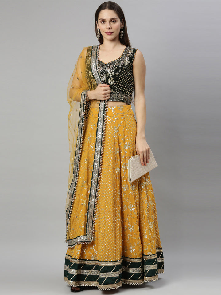 Neerus Yellow georgette embellished lehenga set - front view