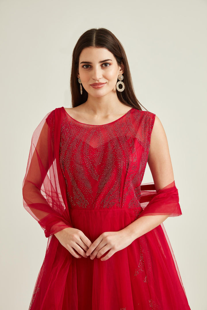 Neerus Pink net embellished gown - side view