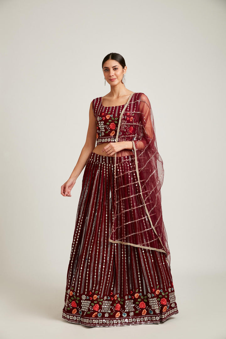 Neerus Wine Color Georgette Fabric Lehenga Choli
