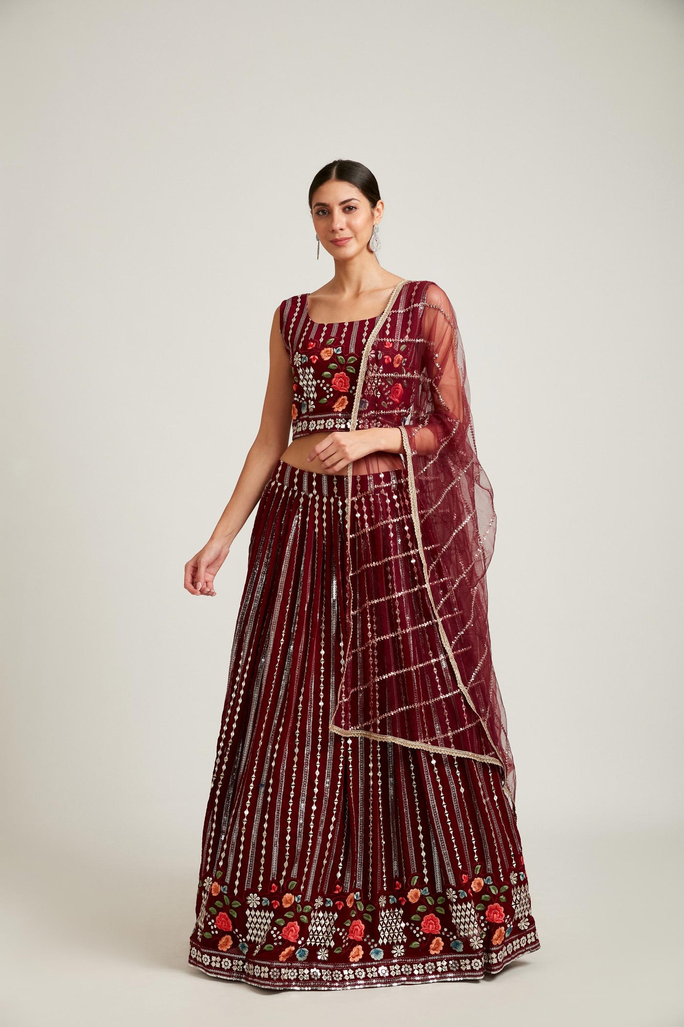 Neeru'S Wine Color Georgette Fabric Lehenga Choli