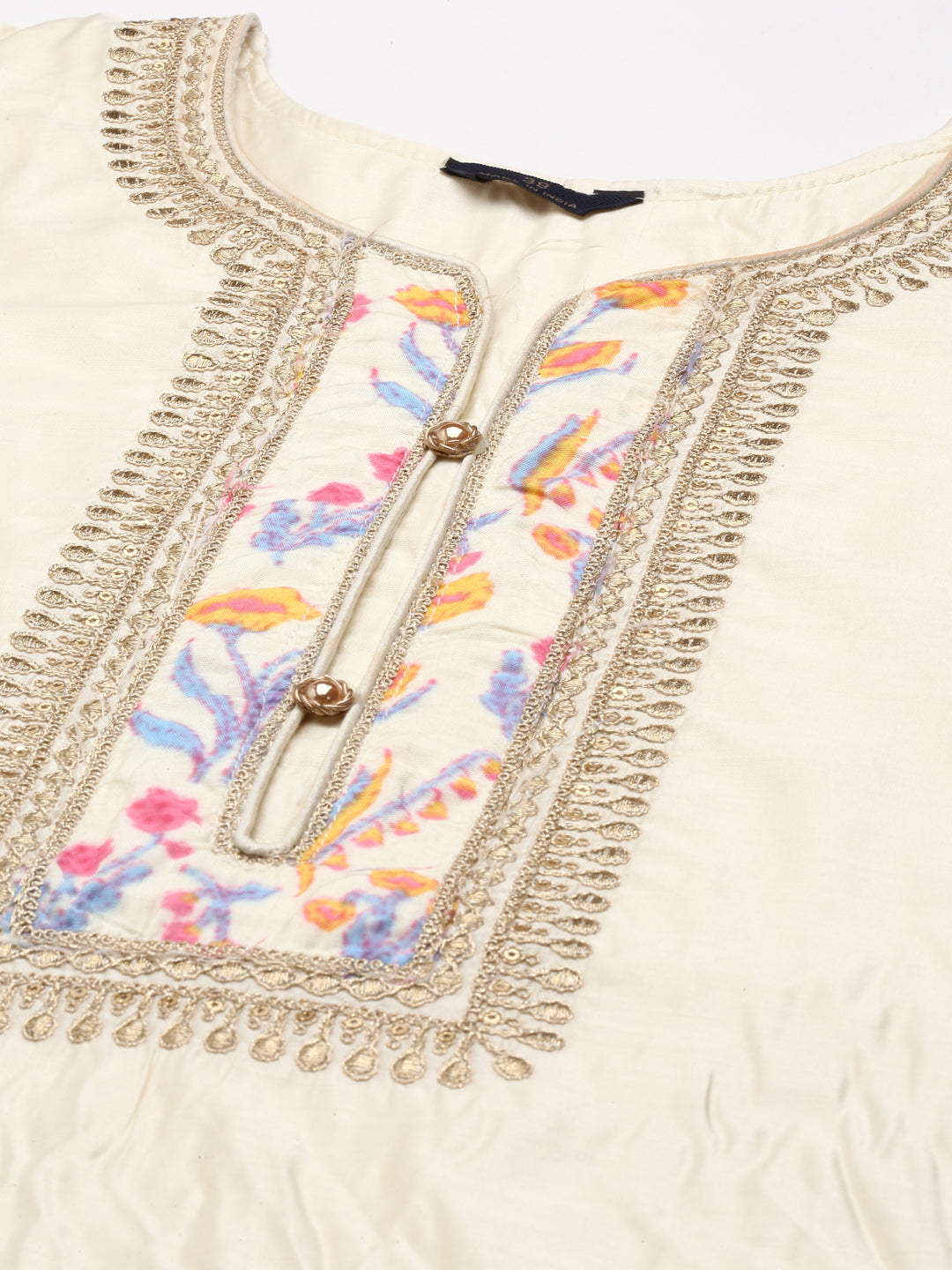 Neerus Cream Regular Knee Length Embroidered Kurta Solid Trousers With Dupatta