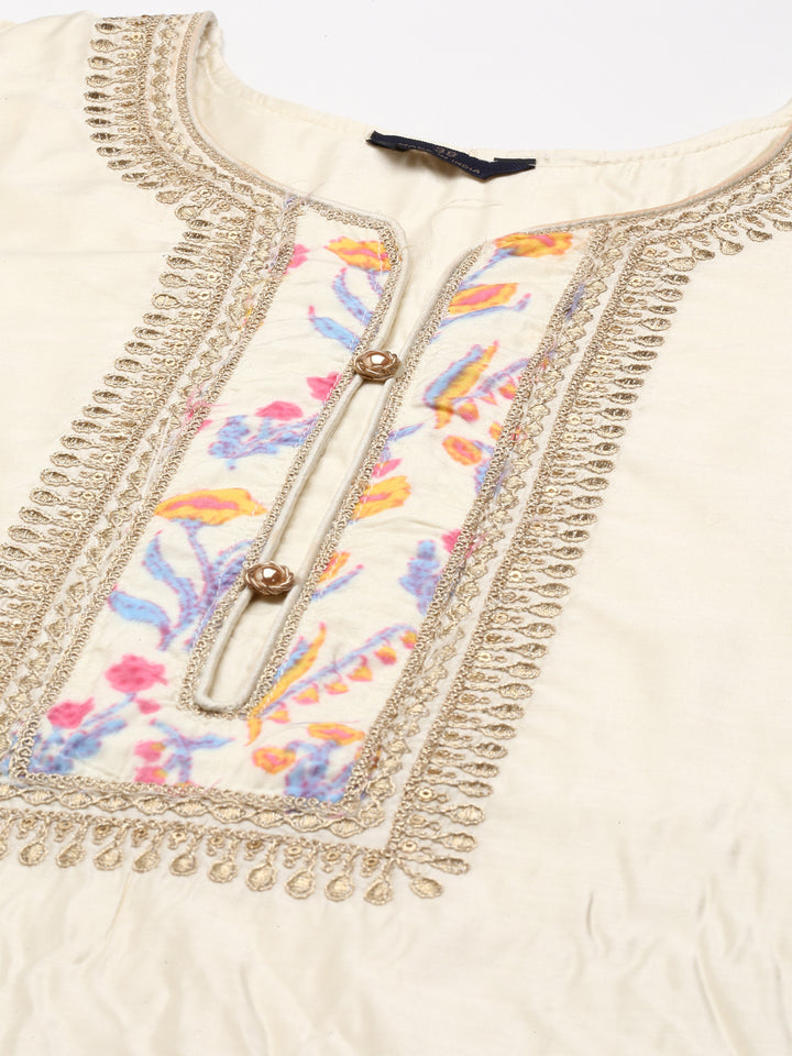 Neerus Cream Regular Knee Length Embroidered Kurta Solid Trousers With Dupatta