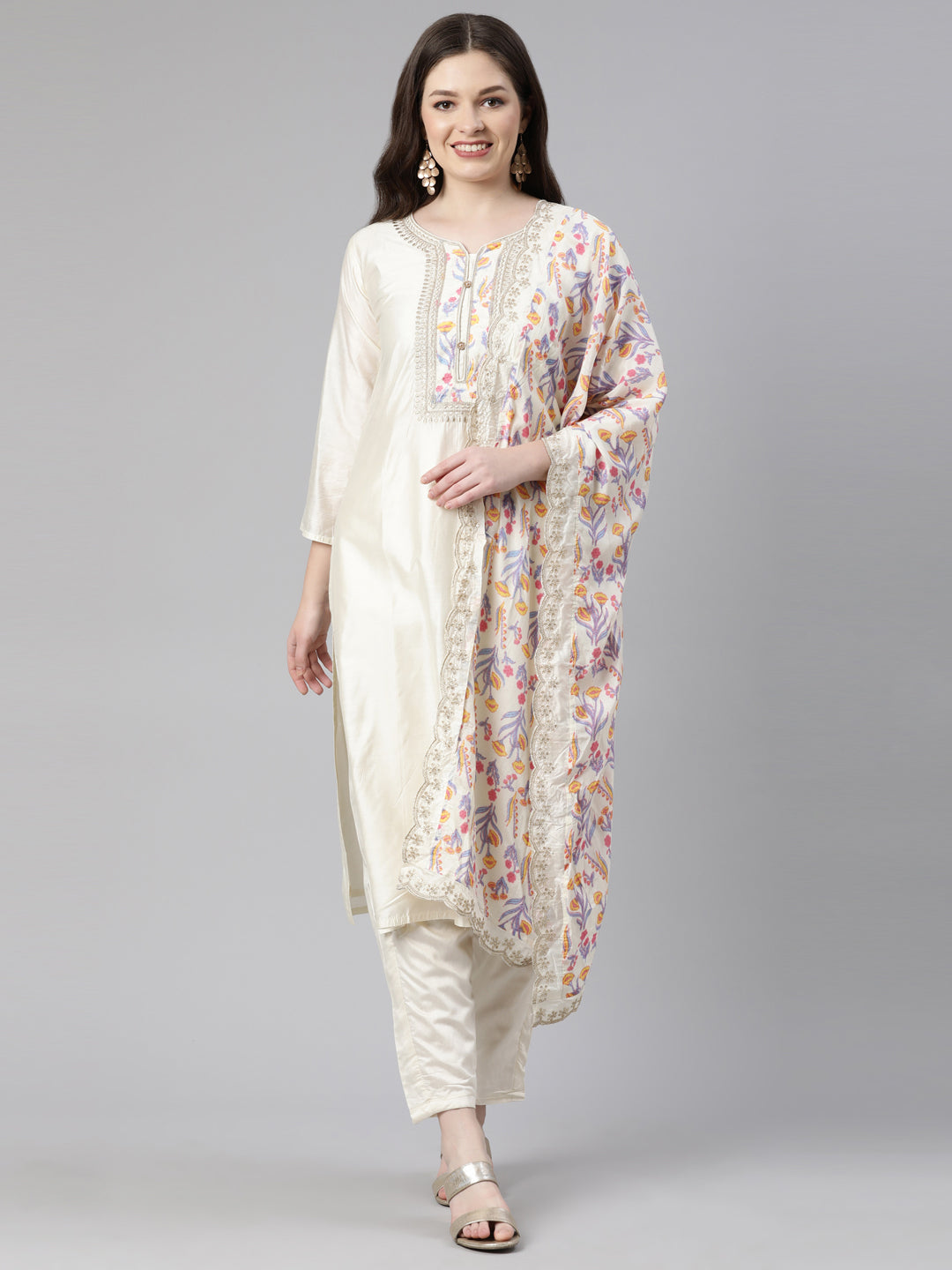 Neerus Cream Regular Knee Length Embroidered Kurta Solid Trousers With Dupatta