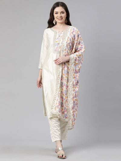 Neeru's Cream Regular Knee Length Embroidered Kurta Solid Trousers With Dupatta