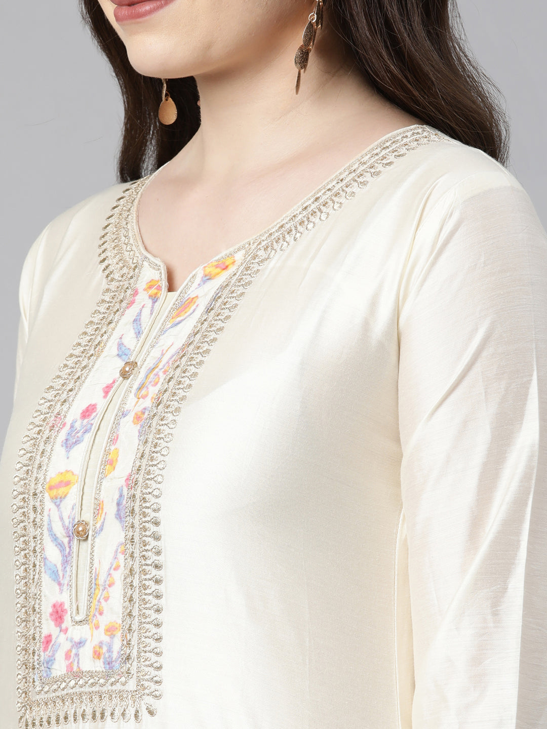 Neeru's Cream Regular Knee Length Embroidered Kurta Solid Trousers With Dupatta