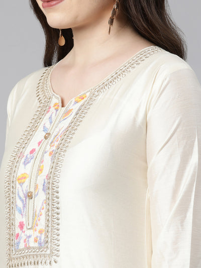 Neeru's Cream Regular Knee Length Embroidered Kurta Solid Trousers With Dupatta
