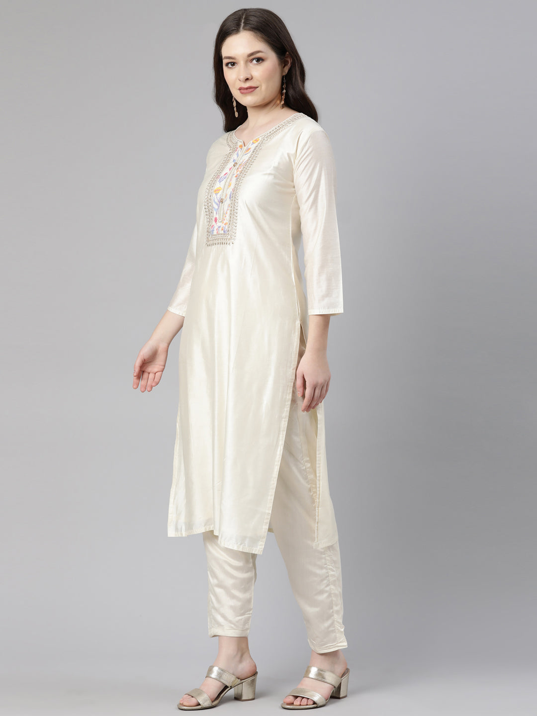 Neerus Cream Regular Knee Length Embroidered Kurta Solid Trousers With Dupatta