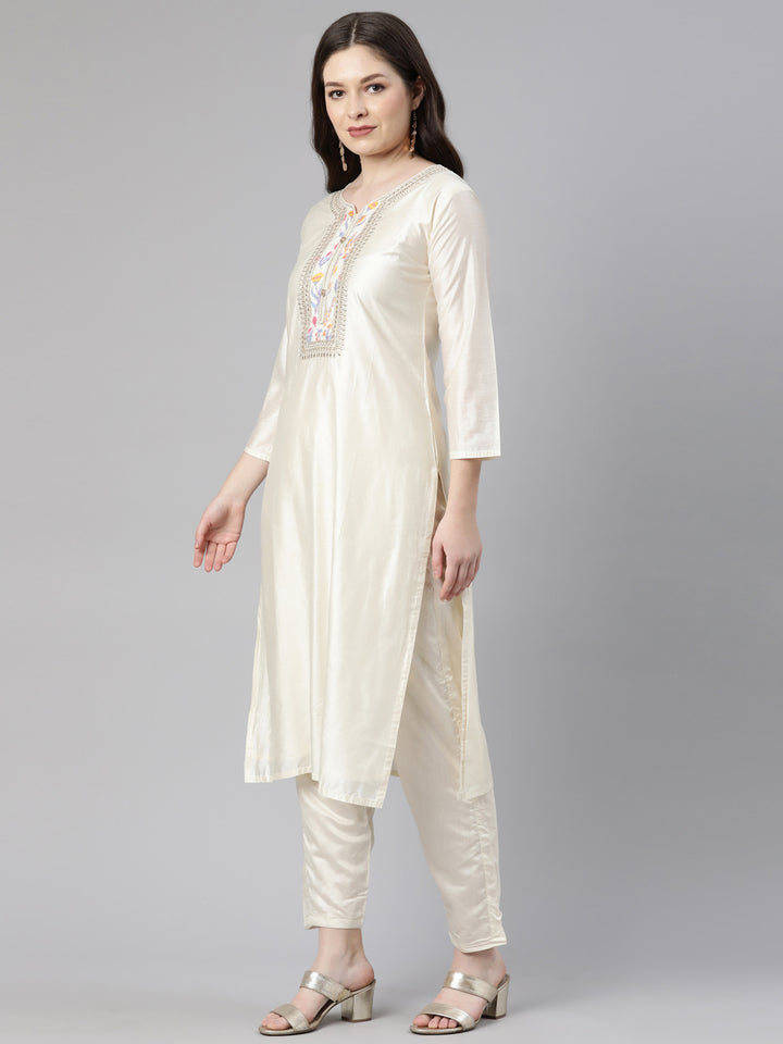 Neerus Cream Regular Knee Length Embroidered Kurta Solid Trousers With Dupatta