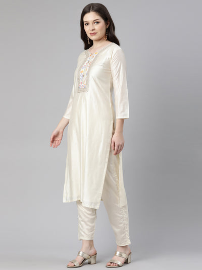 Neeru's Cream Regular Knee Length Embroidered Kurta Solid Trousers With Dupatta