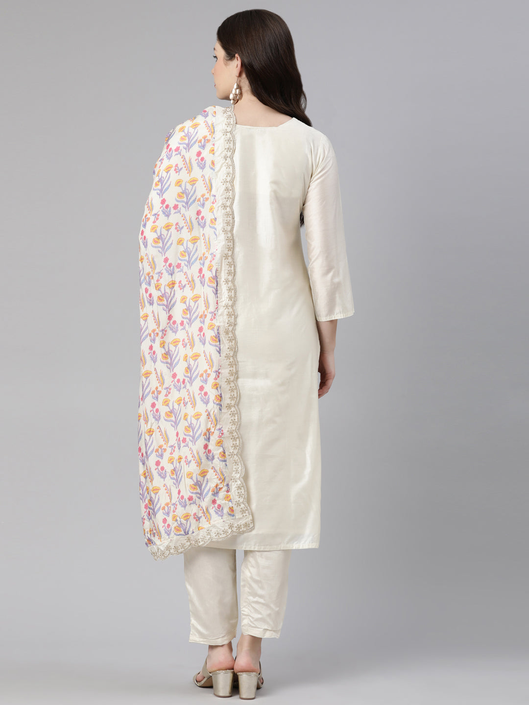 Neerus Cream Regular Knee Length Embroidered Kurta Solid Trousers With Dupatta