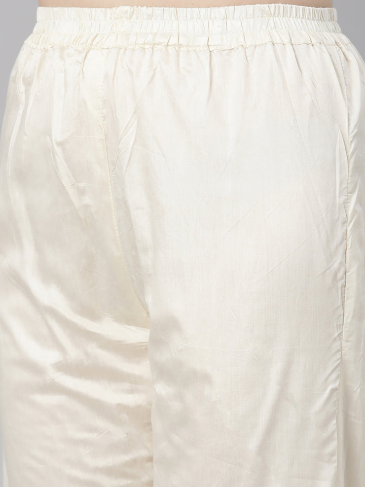 Neerus Cream Regular Knee Length Embroidered Kurta Solid Trousers With Dupatta