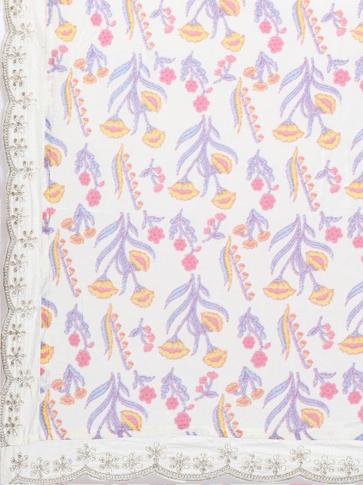 Neerus Cream Regular Knee Length Embroidered Kurta Solid Trousers With Dupatta