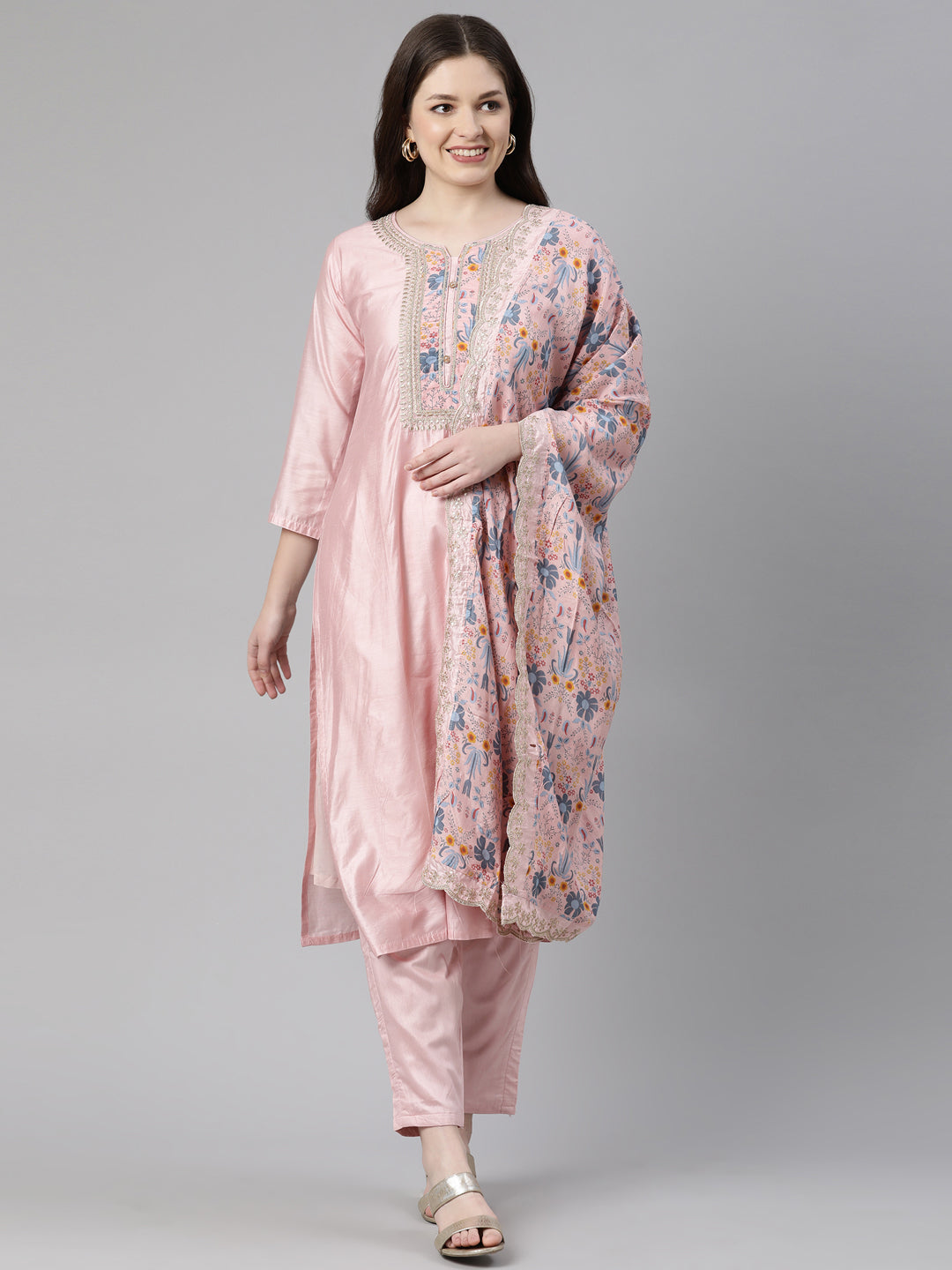 Neeru's Peach Regular Knee Length Embroidered Kurta Solid Trousers With Dupatta