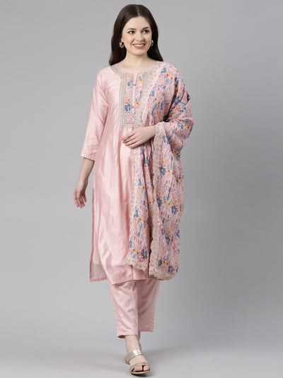 Neeru's Peach Regular Knee Length Embroidered Kurta Solid Trousers With Dupatta