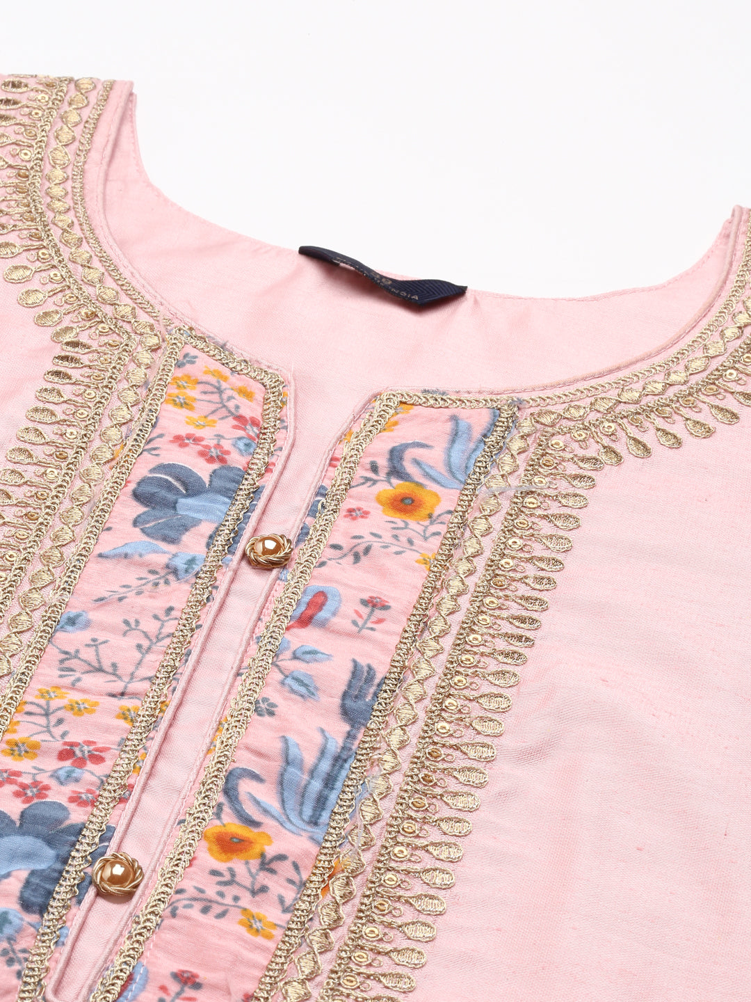 Neerus Peach Regular Knee Length Embroidered Kurta Solid Trousers With Dupatta