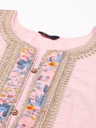 Neeru's Peach Regular Knee Length Embroidered Kurta Solid Trousers With Dupatta