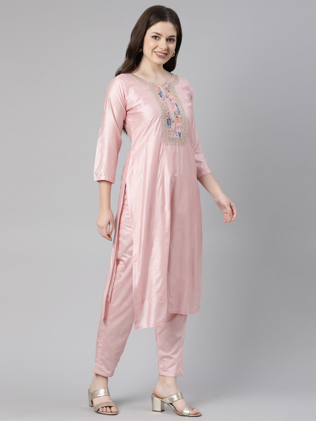 Neerus Peach Regular Knee Length Embroidered Kurta Solid Trousers With Dupatta