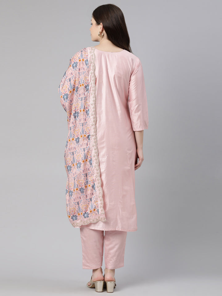 Neerus Peach Regular Knee Length Embroidered Kurta Solid Trousers With Dupatta