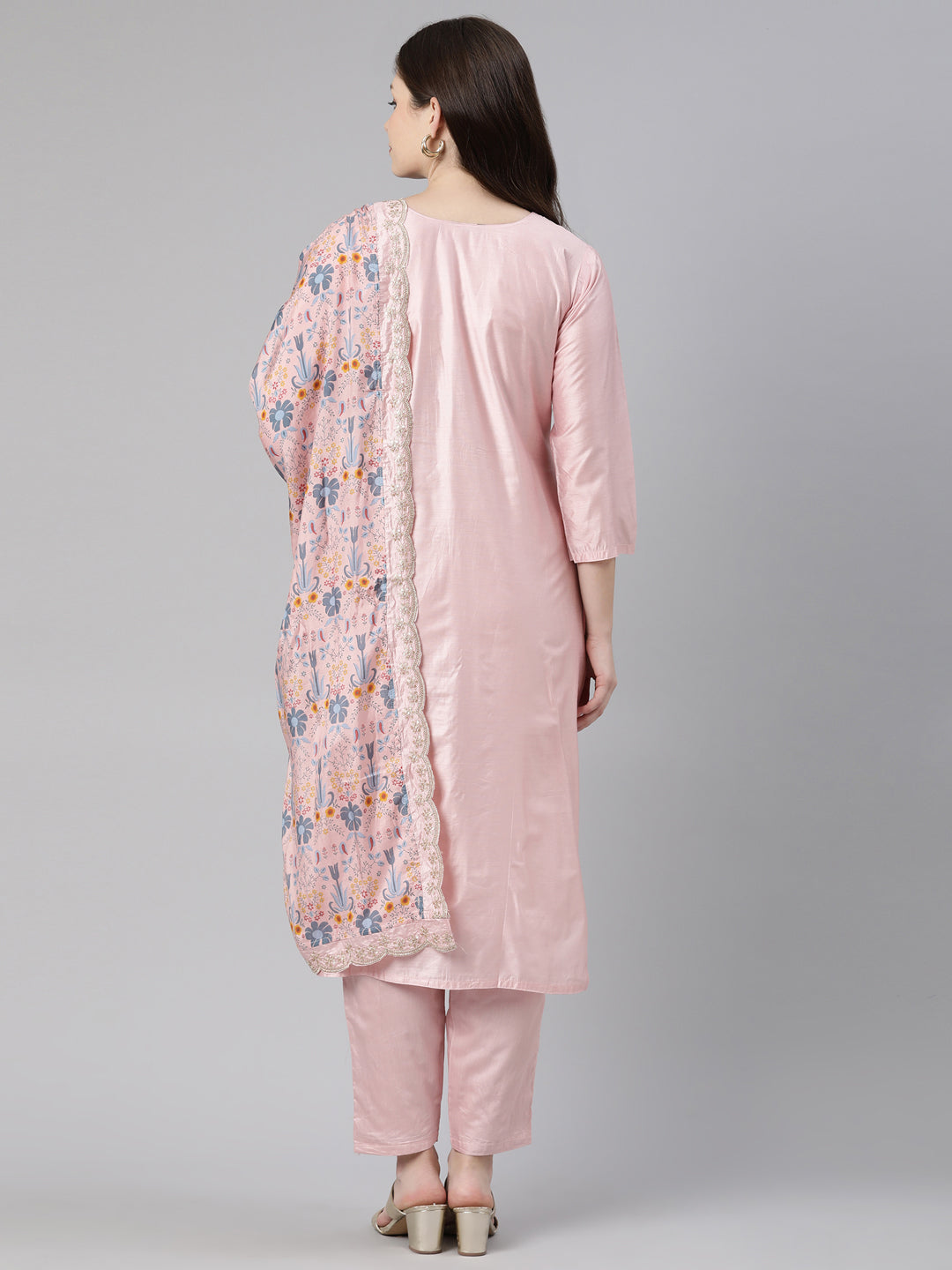 Neeru's Peach Regular Knee Length Embroidered Kurta Solid Trousers With Dupatta