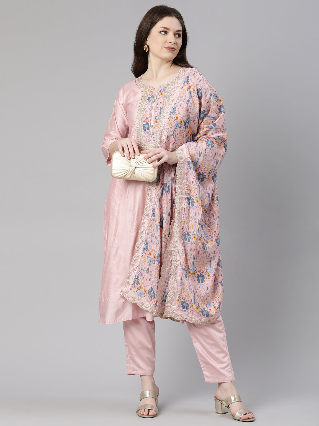 Neeru's Peach Regular Knee Length Embroidered Kurta Solid Trousers With Dupatta
