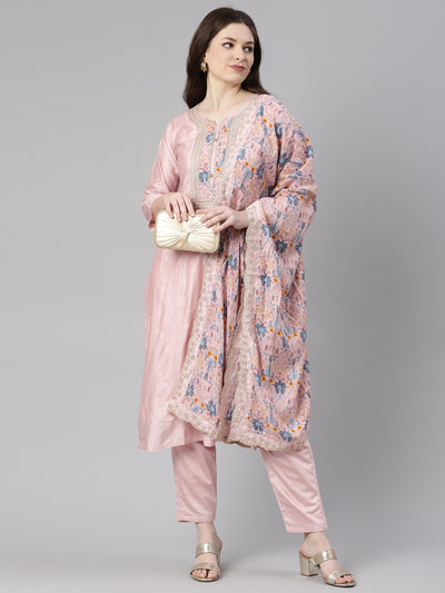 Neeru's Peach Regular Knee Length Embroidered Kurta Solid Trousers With Dupatta