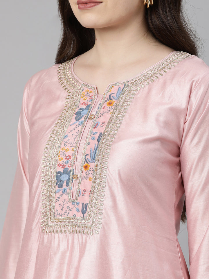 Neerus Peach Regular Knee Length Embroidered Kurta Solid Trousers With Dupatta