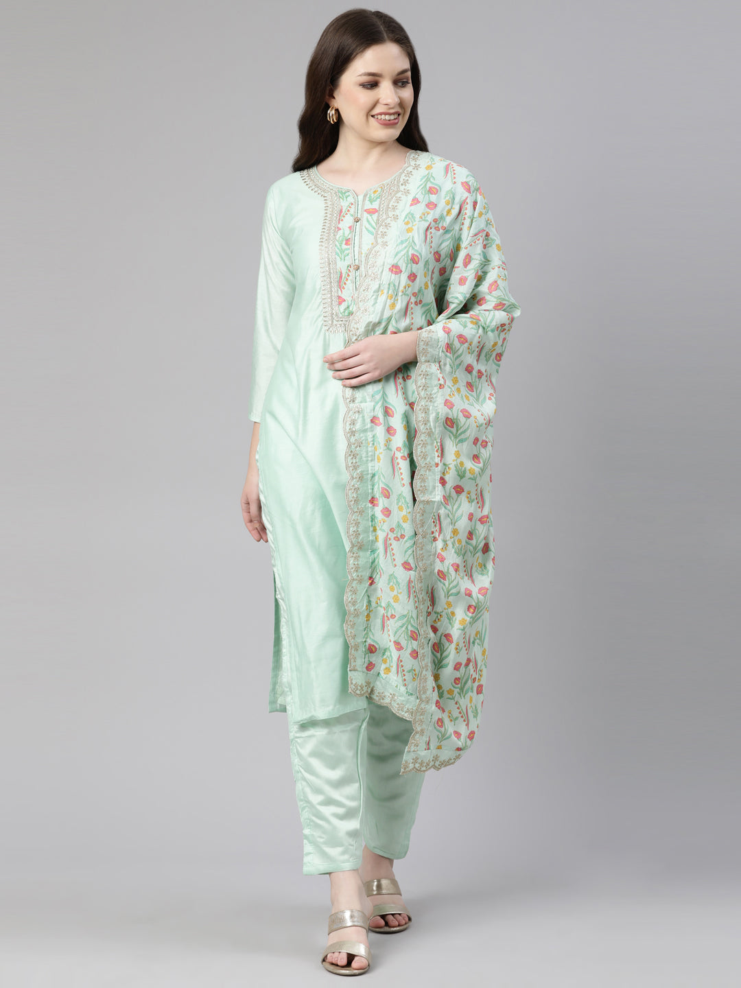 Neerus Green solid straight kurta set with trouser and dupatta - front view