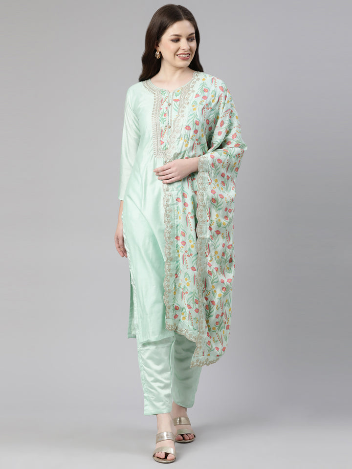 Neerus Green solid straight kurta set with trouser and dupatta - front view