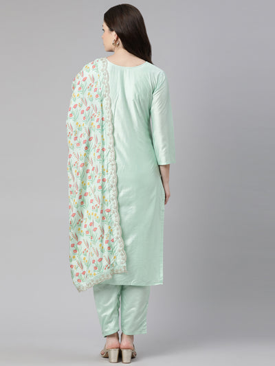 Neeru's Green Regular Knee Length Solid Kurta Solid Trousers With Dupatta