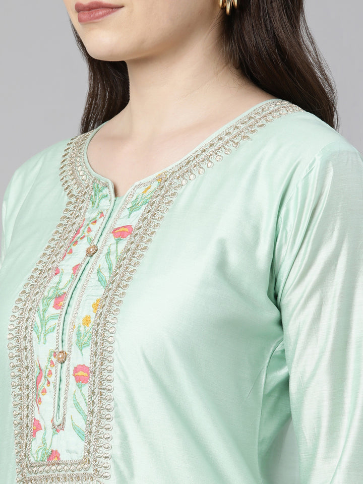 Neerus Green solid straight kurta set with trouser and dupatta - detail view 1