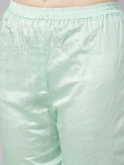 Neeru's Green Regular Knee Length Solid Kurta Solid Trousers With Dupatta