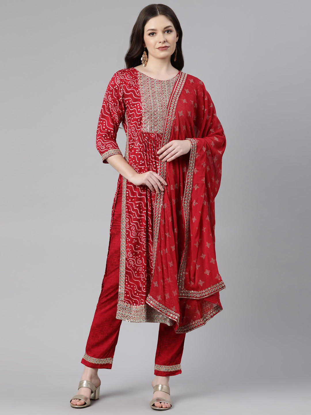 Neerus Red printed kurta set with trouser and dupatta - front view