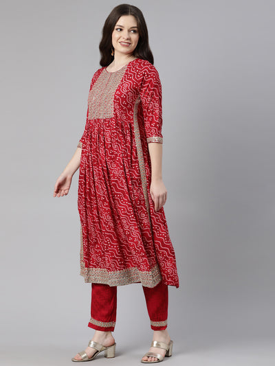 Neeru's Red Regular Knee Length Printed Kurta Printed Trousers With Dupatta