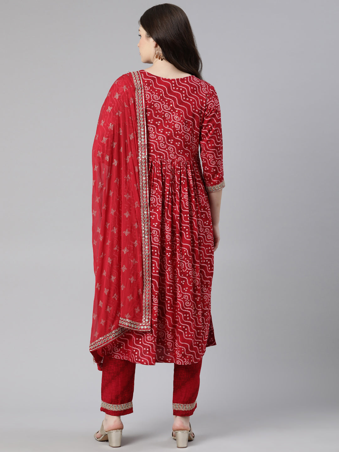 Neeru's Red Regular Knee Length Printed Kurta Printed Trousers With Dupatta