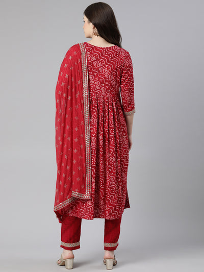 Neeru's Red Regular Knee Length Printed Kurta Printed Trousers With Dupatta