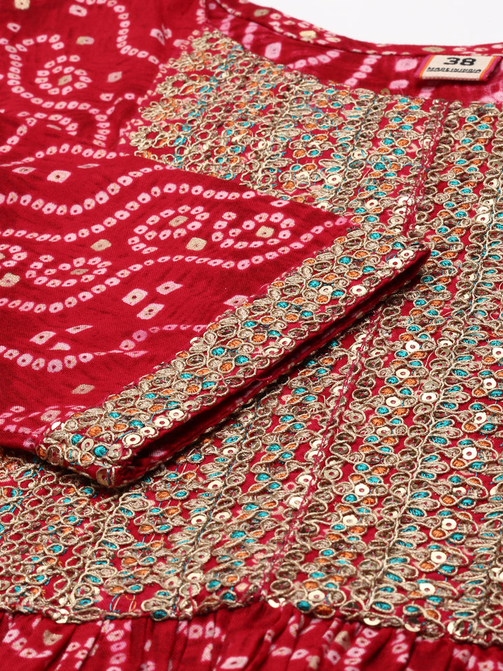 Neerus Red printed kurta set with trouser and dupatta - detail view 1