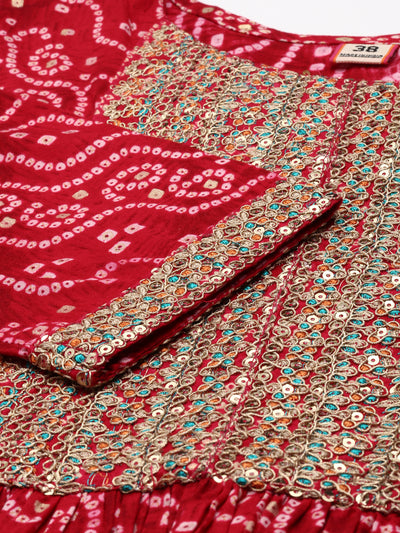 Neeru's Red Regular Knee Length Printed Kurta Printed Trousers With Dupatta