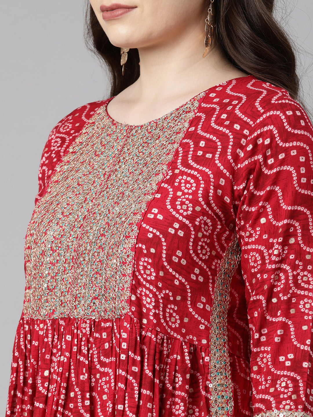 Neeru's Red Regular Knee Length Printed Kurta Printed Trousers With Dupatta